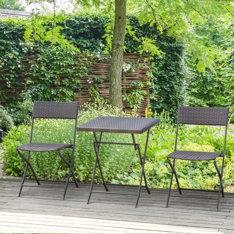 Ensemble de jardin pliable 3 pièces en rotin PE et métal. Comprend 2 chaises et une table basse. Protection UV. Mobilier de balcon, terrasse et jardin. Noir.