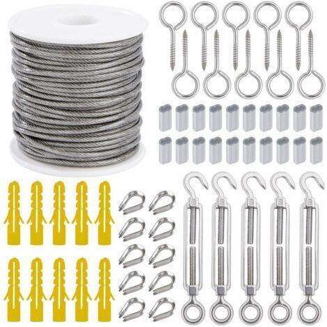 Câble Métallique Suspendre Kit 2mm Corde en Acier Inoxydable 30m avec Tendeur Vis à œillet Manchons en Aluminium Cosse Coeur 56 Piècesdengyank (1/5)