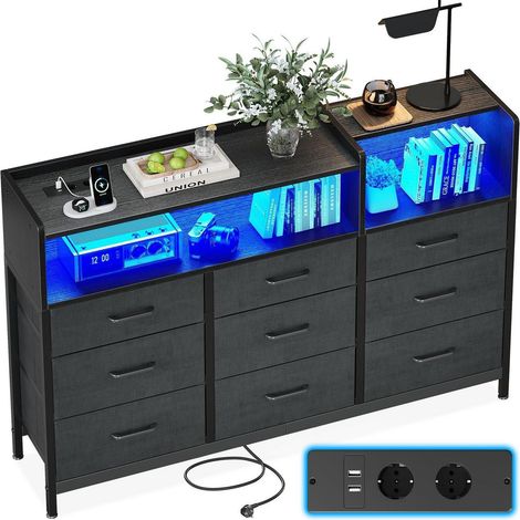Kommode mit 9 Stoffschubladen, 2 Steckdosen, 2 USB und LED-Beleuchtung (1/5)