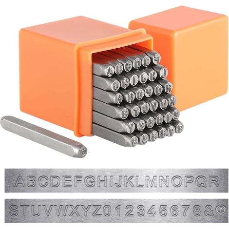 Kit de 37 poinçons en métal 3 mm – 26 lettres A-Z, 10 chiffres 0-9, 2 symboles – Pour estampage sur métal, cuir, bois (1/5)
