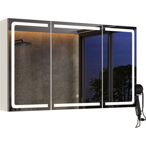 Specchio Bagno Contenitore Bealife Armadietto con Illuminazione a LED Mobiletto da Bagno a Parete con 3 Specchi Adatto per Riporre Asciugacapelli Prese Elettriche Articoli da Toeletta 100 x 16 x 60 cm