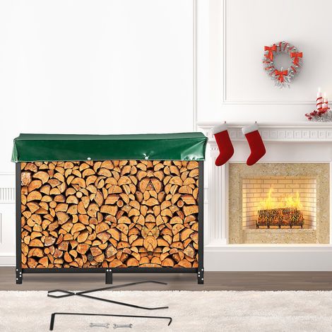 Range Bûche Acier 244,5x36,2x122 cm Abris Bois Chauffage 590 kg Capacité Porte-Bûches avec Couverture PVC 244,5x36,2x27,5 cm pour Rangement Bûches Jardin Cheminée Intérieur & Extérieur Noir (1/5)