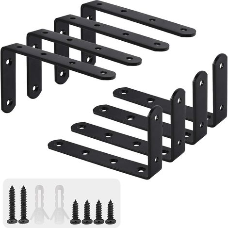 SHINING HOUSE 8Pcs Equerre Étagère Murale avec 48 Vis Support Étagère Mural Support en forme de L Équerre de Fixation pour Étagère Déco Cuisine Chambre Meubles Suspendus Placard 123  80  3mm Noir Fer