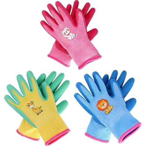 3 Pairs Kids Gardening Gloves 2-5 Years Old Soft Comfortable Latex Palm Cute Animal Pattern Non-Slip Garden Gloves Ideal for Gardening, DIY and Painting (1/5)
