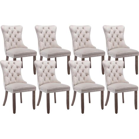 Lot de 8 chaises de salle à manger en velours beige, capitonnées, pieds bois massif (1/5)
