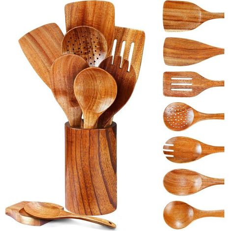9 pièces, ustensiles cuisine bois, teck massif, résistants chaleur, sans BPA, pour poêles antiadhésives et casseroles
