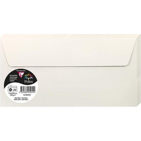 Enveloppe - CLAIREFONTAINE - Pollen - 120g - 110x220mm - Gris perle - Paquet de 20