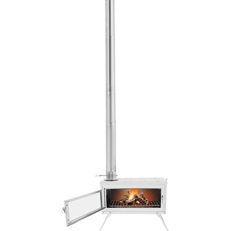 Poêle à bois de camping portable pliable en acier au carbone - 38 x 29 cm - Grande grille de cuisson avec porte en verre et cheminée - Pour barbecue, pêche sur glace - Protection contre le vent (1/5)