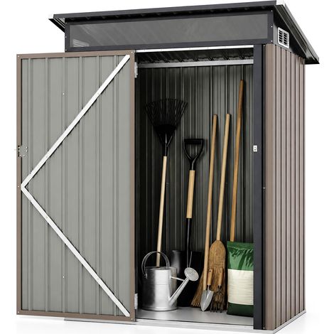 Abri de Jardin en Acier Galvanisé 150x89x185 cm, Cabanon Extérieur 1,8 m³ avec Toit Incliné, Évent d’Aération et Porte Verrouillable, Marron (1/5)