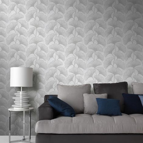 Papier peint ginkgo moderne salon | Tapisserie motif feuille de ginkgo grise claire | Papier peint gris motif feuille intissé (1/3)