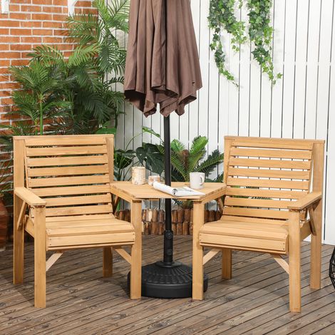 Ensemble bistro en bois 3 pièces, mobilier de jardin résistant aux intempéries avec structure à lattes et trou pour parasol, marron