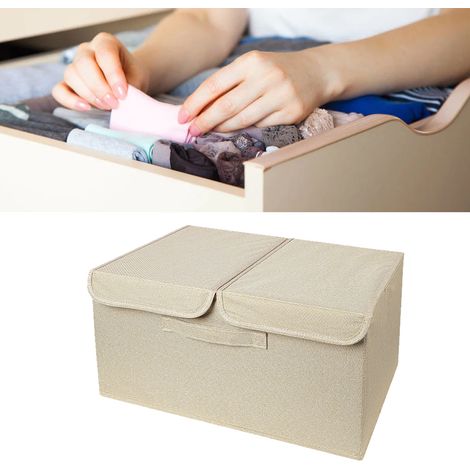 Organiseur de Stockage avec Double Couverture - Boîte de Rangement Pliable pour Chaussettes, Soutiens-Gorge et Linges, 50x30x25cm en Tissu Cationique (Khaki, 1700g) (1/5)