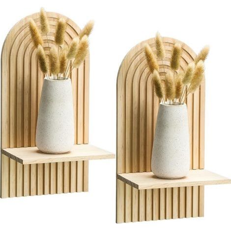 Lot de 2 petites étagères murales en bois – Étagères murales flottantes style bohème – Pour décoration murale. chambre. salle de bain. salon (Naturel) (1/5)