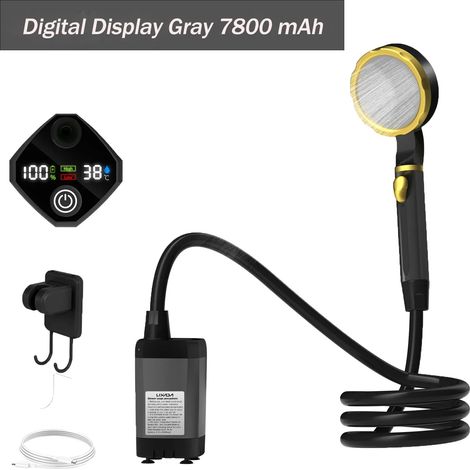 (Gris 7800 mAh) Pompe de douche de camping, kit de douche extérieure pour camping-car, douche de camping avec écran numérique intelligent et réglable, outils d'extérieur (1/4)