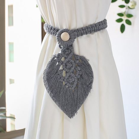 Lot de 2 embrasses de rideaux bohèmes décoratives en coton macramé, grises. (1/5)