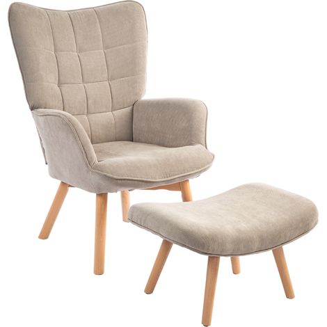 Fauteuil d'appoint inclinable velours côtelé marron clair avec repose-pieds et pieds en bois, pour salon