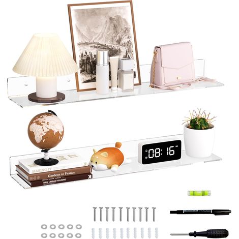 Étagère murale flottante longue et transparente de 76 cm en acrylique pour plantes, radio, livres, cadres photo, horloge, cosmétiques, articles de toilette (1/5)