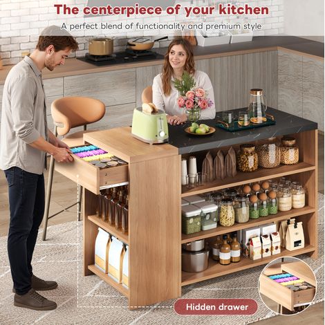 Kücheninsel Bartheke/Bartisch/Esstisch, 5 Ebenen Stauraum & versteckte Schublade, verdickte Tischplatte, Eiche & Schwarz in Marmor-Optik, 140×60×90 cm (1/5)