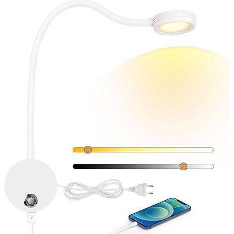 Applique murale LED, Lampe de table avec bouton tactile réglable lumière 3000-6000k, 4W lampe de table 360 ° flexible col de cygne lumière avec port de charge USB pour lit, chambre à coucher (1/5)