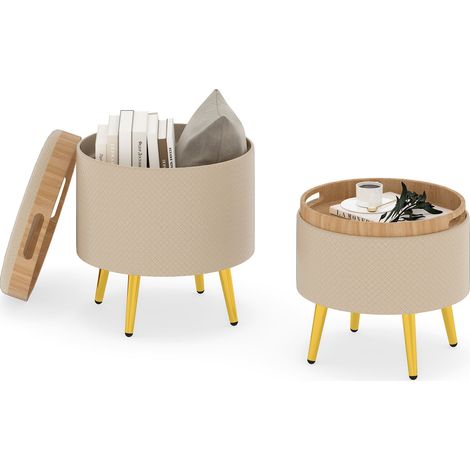COSTWAY Set 2 Leather Footrests with Trays Storage Ottoman Round Accent Stool Gold Metal Legs Beige (1/4)