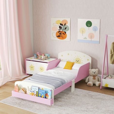 Kinderbett 70 x 140 cm, Kinderbett mit Sicherheitsgitter und Lattenrost, Stauraum, rosa