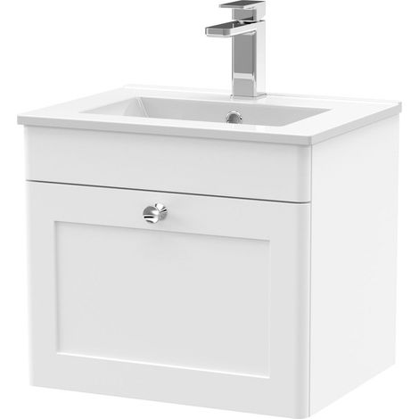 Swynnerton Traditional 1 Drawer Wall Hung Vanity Unit with Minimalist Basin, Satin White, 500mm (1/4)
