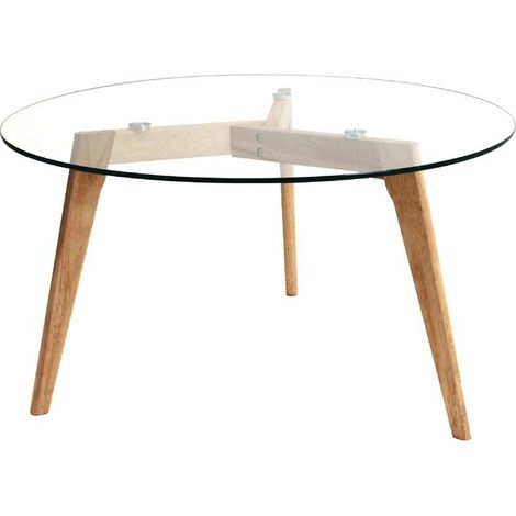 The Home Deco Factory – Table basse ronde en verre et bois – 3 pieds design – Marron et transparent – Pour salon moderne