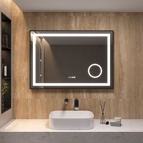 AQUABATOS Badspiegel mit Beleuchtung 100 x 70 cm LED Badezimmerspiegel mit Touch-Schalter Dimmbar Wandspiegel Schminkspiegel Beschlagfrei Kaltweiß 6400K 3-Fach Vergrößerung Spiegel für Badezimmer (1/5)