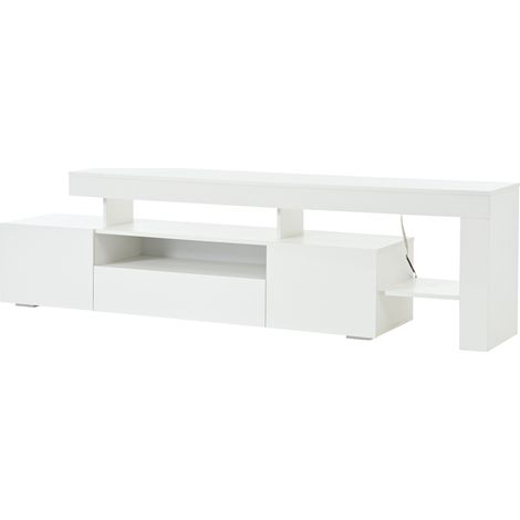 Meuble TV blanc laqué avec 3 armoires, LED intégrée, 192 x 37 x 53 cm, adapté pour TV jusqu'à 85 pouces (1/5)