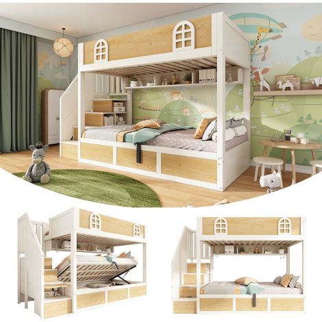 Bunk Bed for Children 90×200 cm with Storage Stairs and Guardrail, Double Loft Bed in White and Natural Wood, Slatted Frame Included (without Mattress)