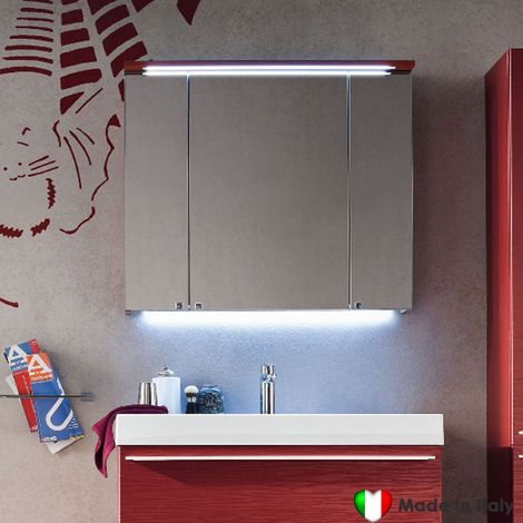 Specchio Contenitore COMPAB Con 3 Ante + Cappello Con Led - Made In Italy - 90 x 75 x 15 cm - Con Due Ripiani Interni