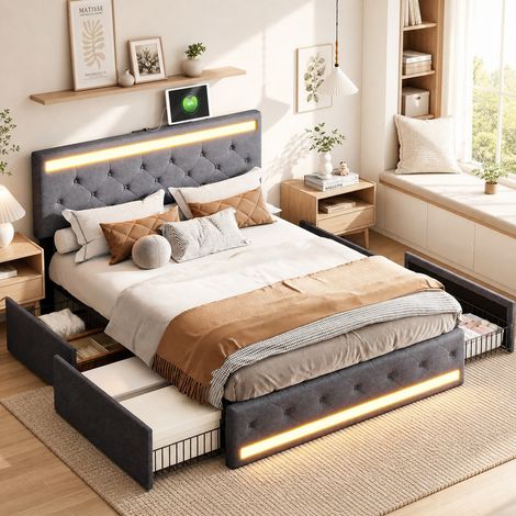 Lit tapissé 180x200cm avec 4 tiroirs, lit avec éclairage LED RGB contrôlable par app, tête de lit capitonnée, cadre de lit design pour chambre adulte (1/5)