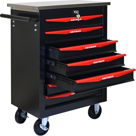 Chariot d'atelier multifonction à 7 tiroirs avec roulettes, plateau inox, noir et rouge (1/5)