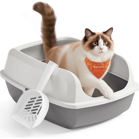 Bac à Litière pour Chat, Parois Hautes, XXL, Ouvert sur Le Dessus, avec Pelle, pour Chatons et Grands Chats, Blanc Nuage (1/5)