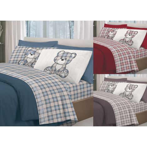 Completo Lenzuola Flanella Pensieri Delicati 100% Cotone Disegno Orsetto Tartan, misuraPiazza E MezzacoloreRosso (1/5)