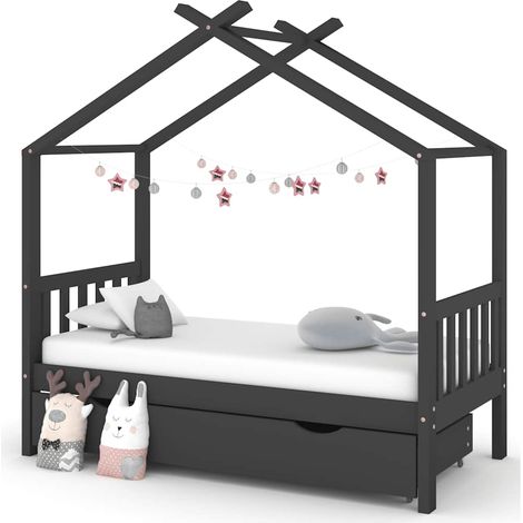 Kinderbett mit Schublade Dunkelgrau Massivholz Kiefer 80x160 cm