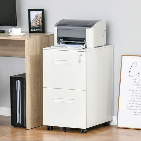 Caisson de bureau à roulettes avec 2 tiroirs A4, verrouillable, métal blanc, pour dossiers suspendus et rangement sous bureau - CHICFURN (1/5)