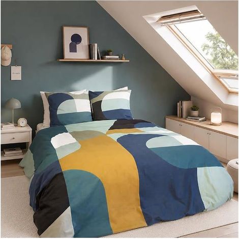 Parure de lit - Housse de Couette - 220x240 cm - 100% Coton - Motif géométrique - Bleu, Jaune