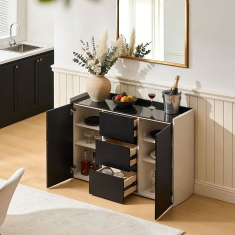 Modern Sideboard Cabinet, Wooden Buffet Cupboard with Adjustable Shelves, Large Storage Cabinet for Kitchen Living Dining Room Hallway Black White Large (1/5)