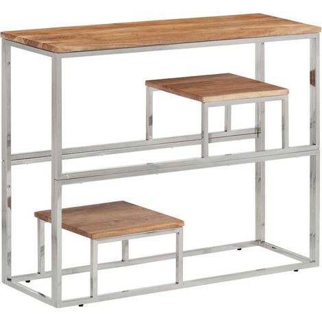 vidaXL Mesa consola acero inoxidable y madera maciza acacia plateada (1/5)