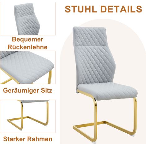 Ensemble table et chaises de salle à manger : table ronde en verre de 85 cm de diamètre, style élégant, pieds métalliques dorés, accompagnée de 4 chaises modernes gris clair et or. (1/5)