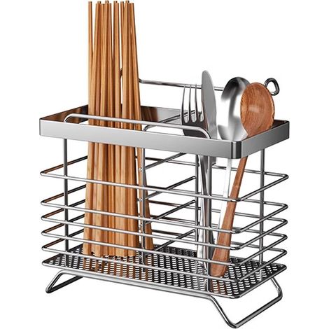 Cage à baguettes murale, support de séchage d'ustensiles de cuisine, récipient à couverts en acier inoxydable pour fourchette cuillère. (1/5)