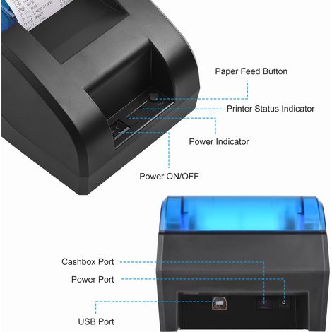 Imprimante thermique de reçus 58mm BISOFICE, bureau, liaison USB et Bluetooth sans fil, impression codes-barres et logo, 1 rouleau papier inclus, compatible iOS Android Windows, restauration vente com