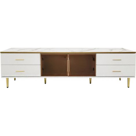 TV Schrank in Mamoroptik, Fernsehschrank mit 4 Füßen, 4 Strukturierte Schubladen mit Goldenen Griffen und zwei Braune Türen aus Gehärtetem Glas, Modernes TV-Lowboard für Wohnzimmer, 1703747,5cm (1/5)