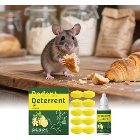 Rat Repellent Kit, suitable for indoor and outdoor use, everyday use in garages and attics, preventing disturbance and blocking rats in various scenarios. Rat Repellent Pills: 10 pills, Peppermint Oil (1/5)