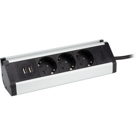 Multiprise support smartphone 3 prises Schuko + 2 USB A - Argent/Noir - Zenitech