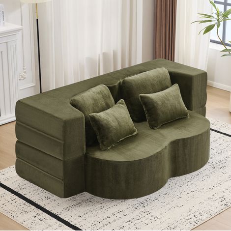Klappsofa grün aus Schaumstoff und Federkern mit 4 Kissen, 2-in-1 Bodensofa und Gästebett (1/5)