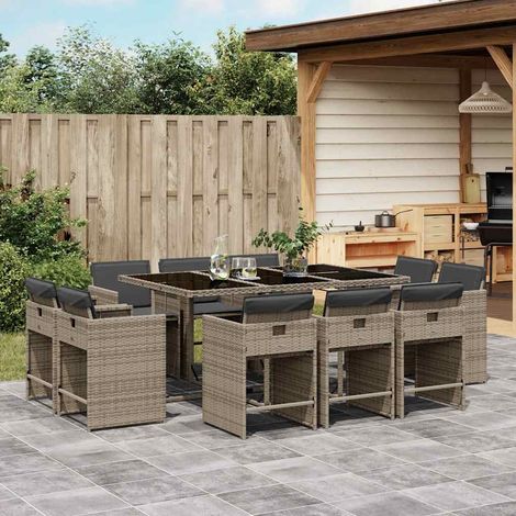 11-tlg. Garten-Essgruppe mit Kissen Grau Poly Rattan (1/5)