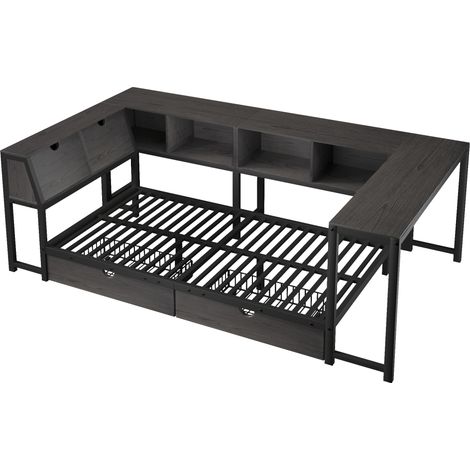 Lit simple multifonction 90x200 cm métal et MDF avec bureau, LED et tiroirs MODENUIT (1/5)