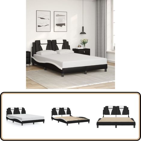 Bettgestell mit Kopfteil Schwarz und Weiß 140x200 cm Kunstleder - Bettstellengestell - Doppelbett - Schlafzimmermöbel - Kunstlederbettwäsche - Boxspringbett